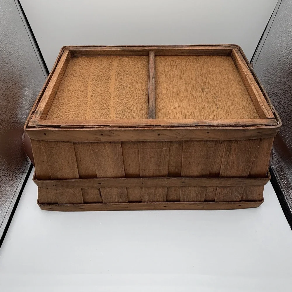 Harry & David Leather Handle Wooden Rectangle Basket Brown 15.5